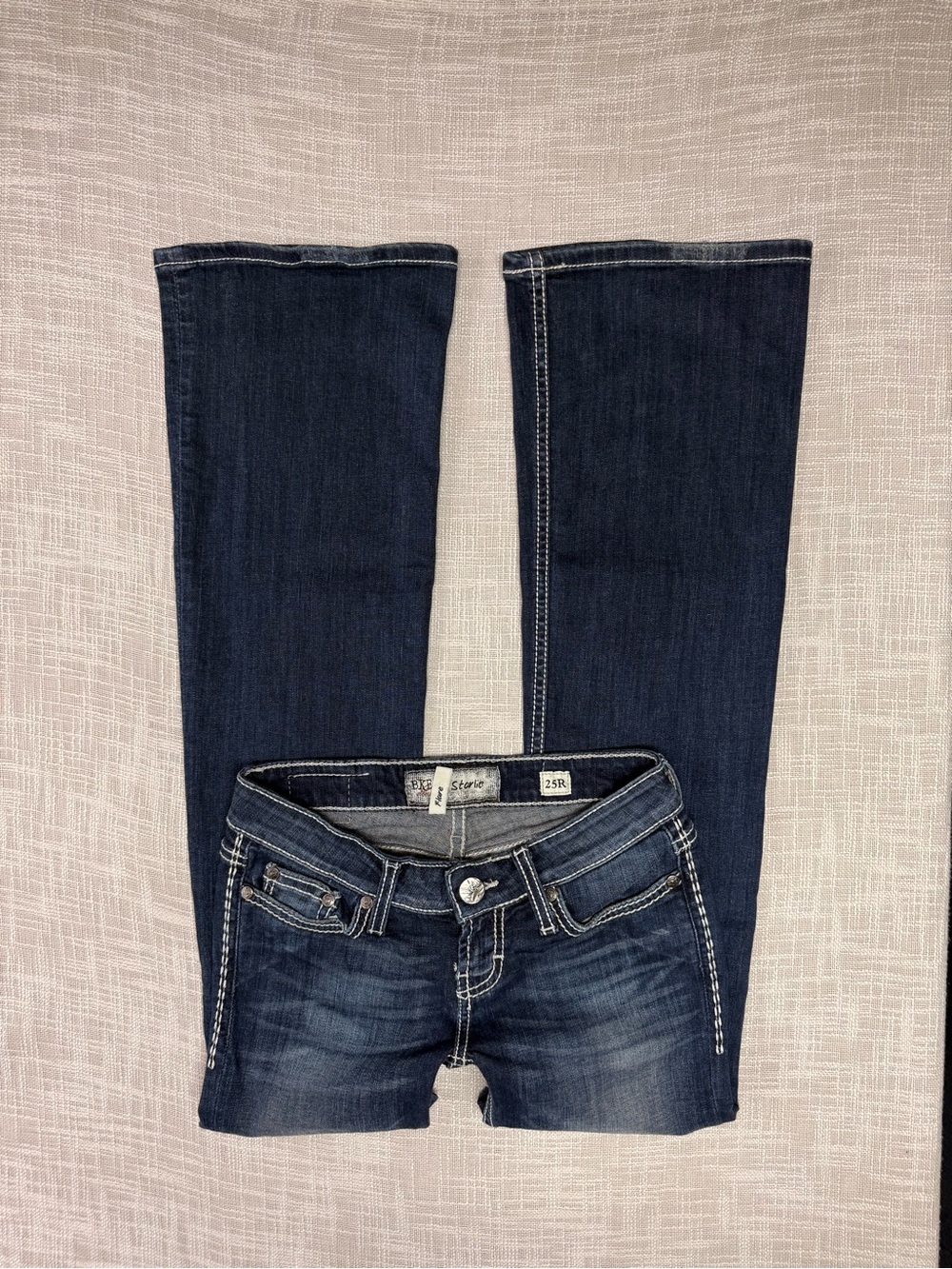 BKE Stella Low Rise Flare Jeans 25R Y2K Dark Wash Contrast Stitch